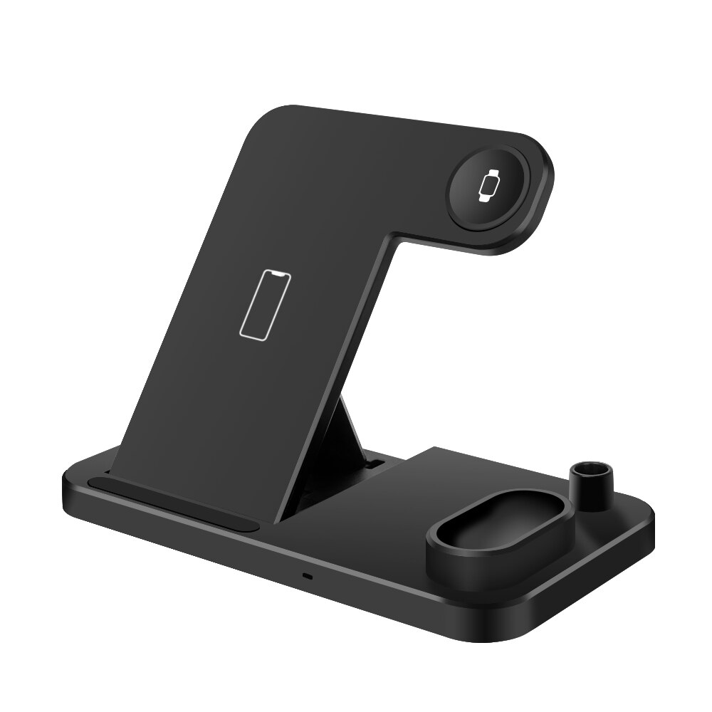 Suporte carregador sem fio 4 em 1 qi, suporte para iphone 11, pro, xs max, xr, x, doca de carregamento rápido para apple watch 5 4 3 2 1 airpods pro: Black