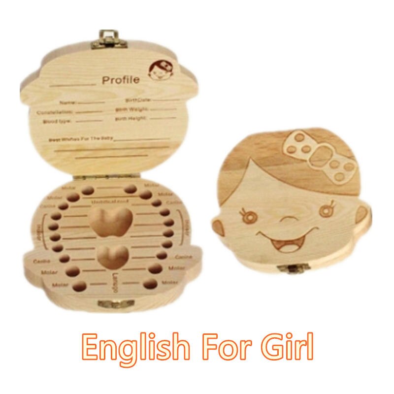 Babymelk Tanden Doos Spaans Engels Russion Baby Hout Tand Doos Baby Tand Organizer Kids Bladverliezende Opslag Verzamelen Houten Doos: English For Girl