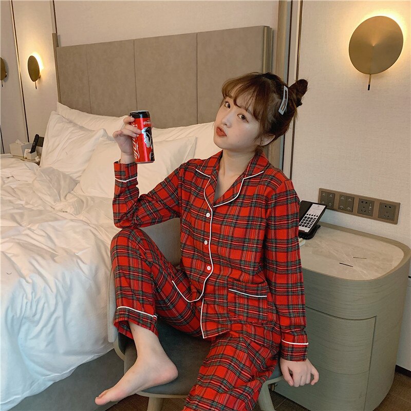 women’s korean pajamas plaid pajama sets simple homesuit loose cotton ladies two-piece long sleeve spring autumn nightwear L020
