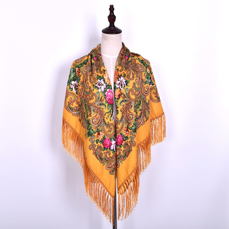 Rysk halsduk ukrainska fransade sjalar traditionella blommiga polska kvinnor hals huvud wrap vintage antik huvud hijab scarf poncho: Gul