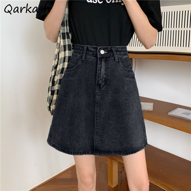 Faldas vaqueras de estilo coreano para mujer, faldas de corte en A, de sólido que combina con todo, bolsillos, cintura alta diaria Simple, informal de verano