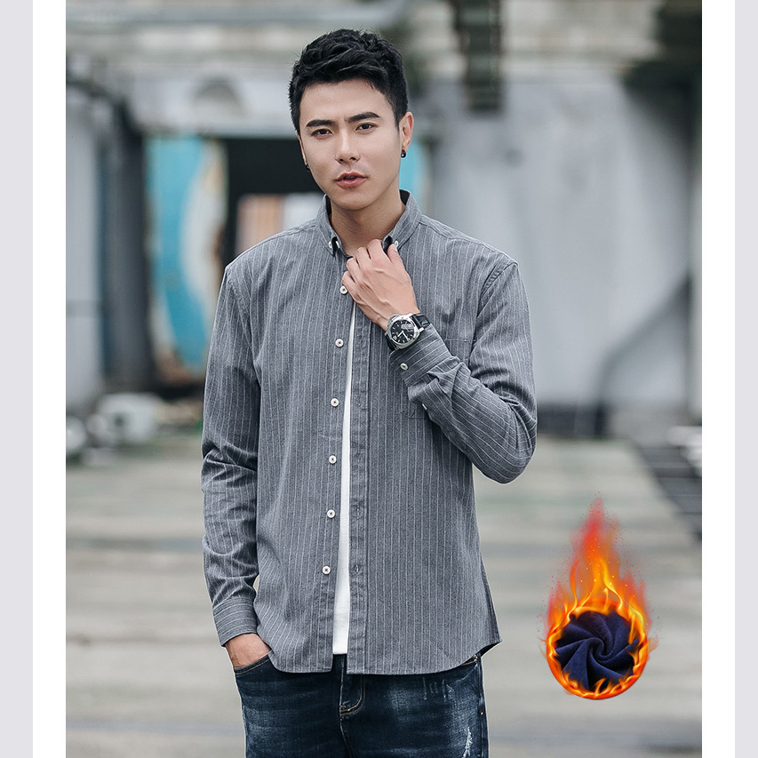 men shirt winter warm fast casual slim fit long sleeve strip shirt Compound fabric with fleece: light grey strip / S