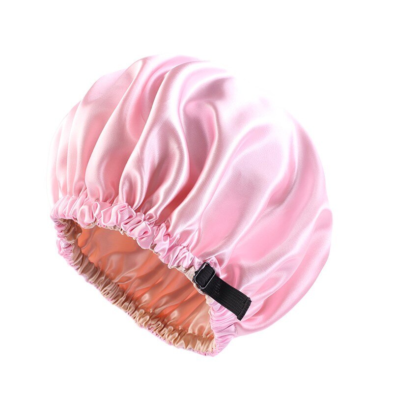 Women Satin Bonnet Hair Cap Double Layer Sleep Night Cap With Invisible Flat Adjusting Button Head Cover Bonnets Hat: Pink