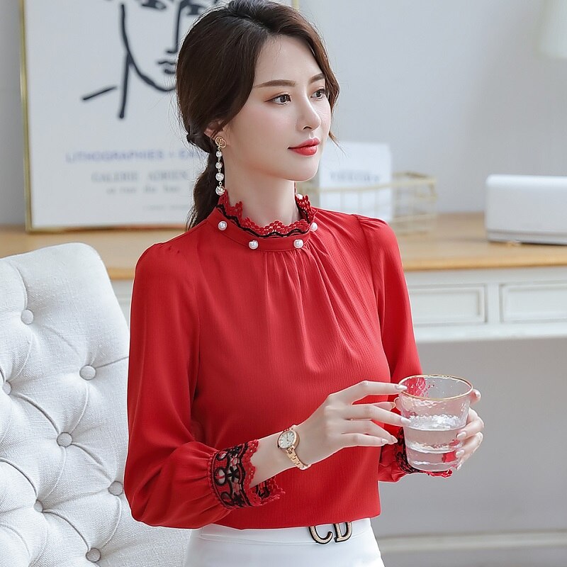 Women shirt Slim autumn Long sleeve Standing collar splice OL Formal Blouses & Shirts Woman 6515: Red / 4XL