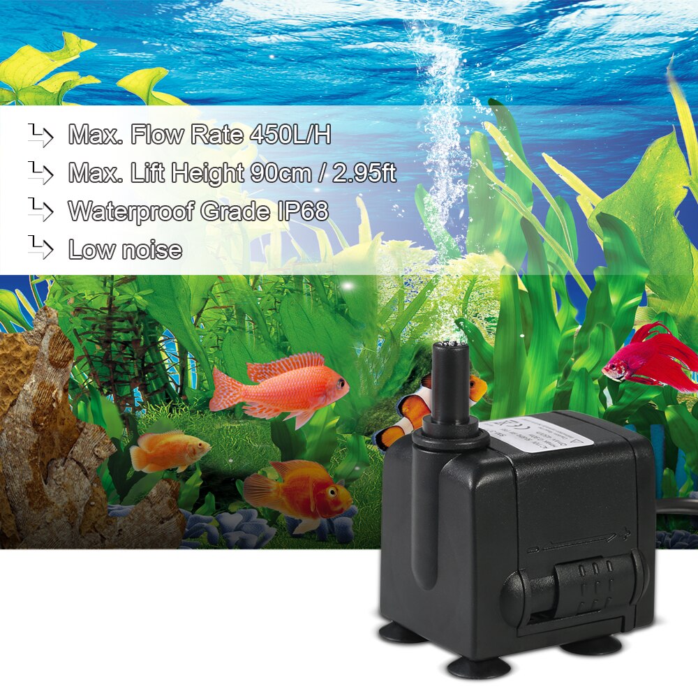 450L/H 6W Submersible Water Pump for Aquarium Tabletop Fountains Pond Water Gardens and Hydroponic Systems 2 Nozzles AC220-240V