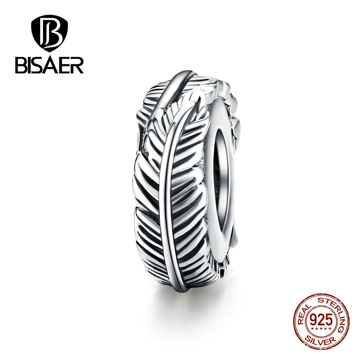 BISAER Feathers Spacer 925 Sterling Silver Feather Beads Clips Stopper Leaves Charms fit Bracelets Silver Jewelry ECC1236