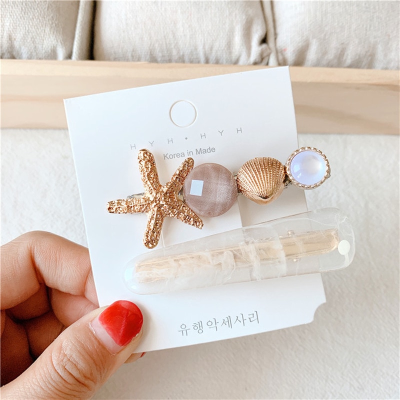 Fermagli per capelli in acrilico con stelle marino per donne e ragazze, forcine in metallo con perle e conchiglie, accessori per capelli da spiaggia