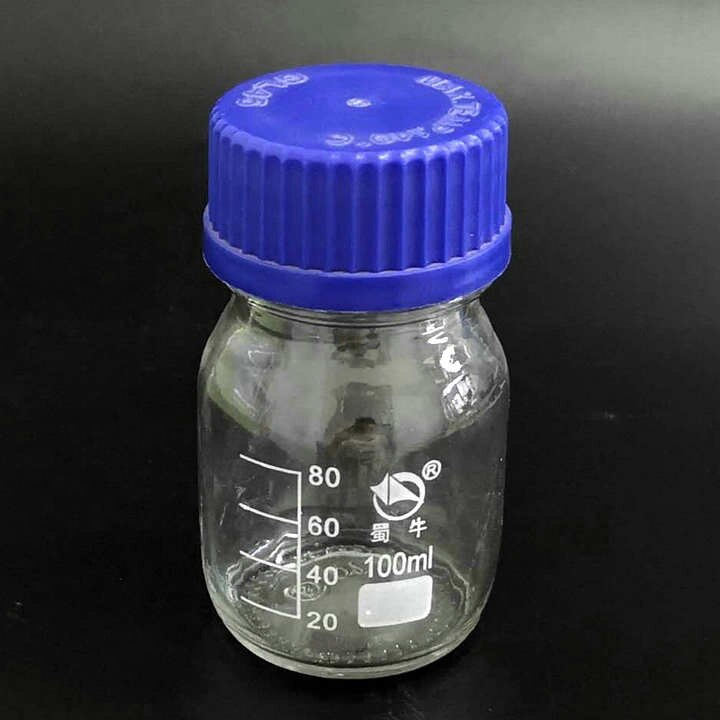 1 stuks 100ml Glazen Fles met blauwe plastic schroefdop en schaal lijnen voor Laboratoriumtests/Experimenten Glaswerk