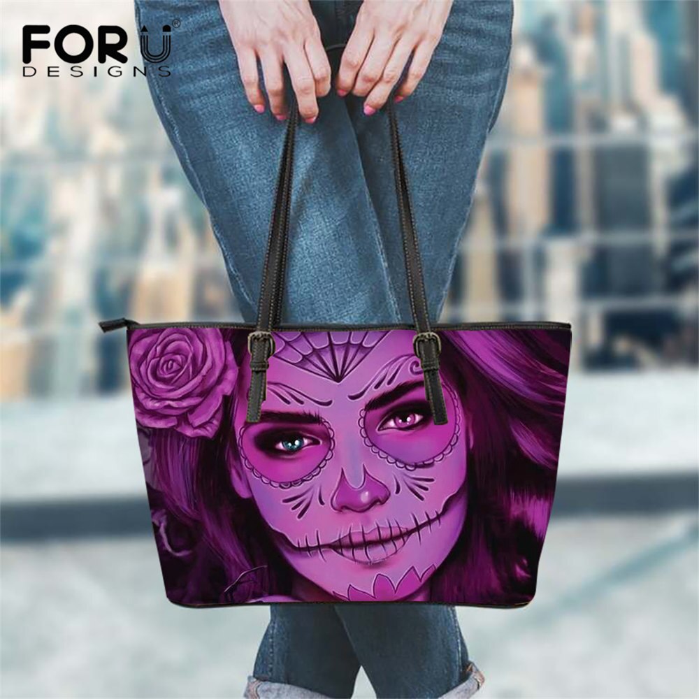 FORUDESIGNS borse a tracolla viola moda donna teschio di zucchero stampa sposa borsa Tote in pelle di lusso borsa di grande capacità