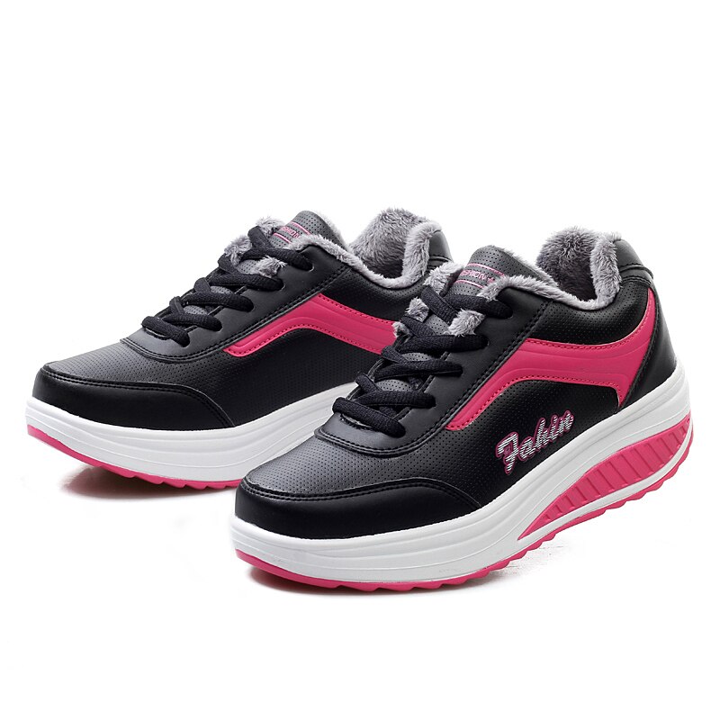 Women Flat Platform Toning Shoes Autumn Winter Ladies Walking Warm Shoes Outdoor Women Plush Swing Shoes PU Leather