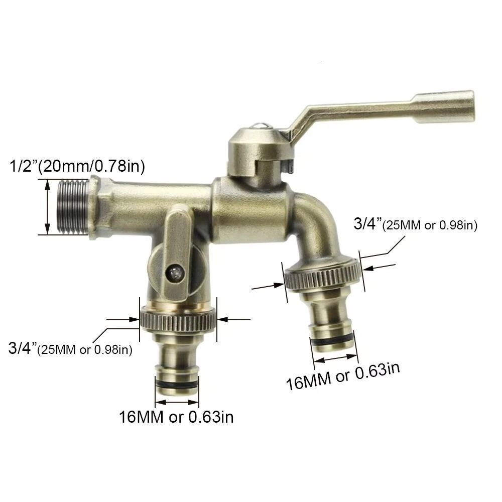Anti-freezing All-copper Faucet One Inlet and Two Outlets 1/2inch Outdoor Faucet Dual Water Outlets Durable