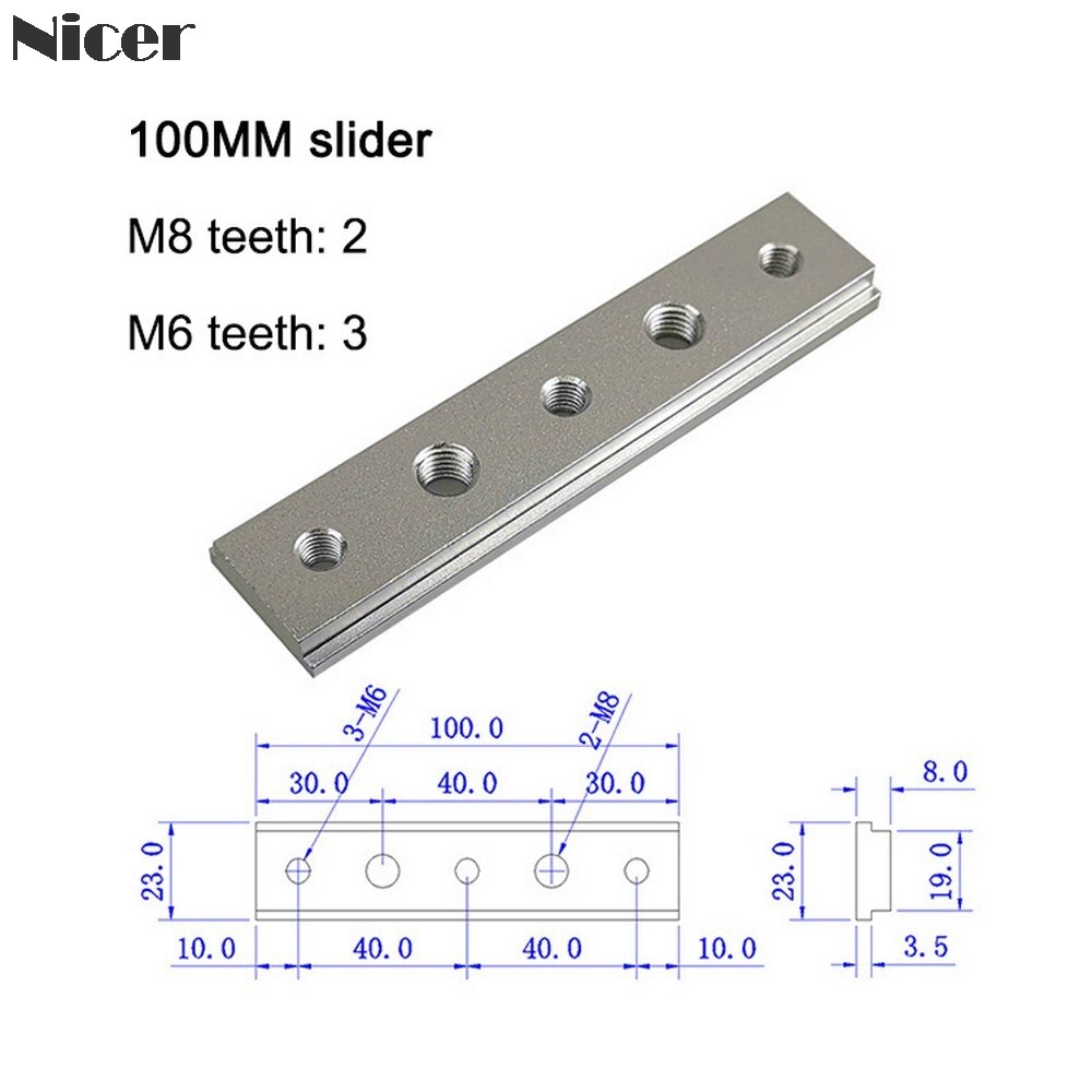 Écrou coulissant t-track M6/M8 en alliage d'aluminium, écrou à fente en T pour gabarits de Type 30/45, fixation par vis, outils pour le travail du bois: 100mm slider