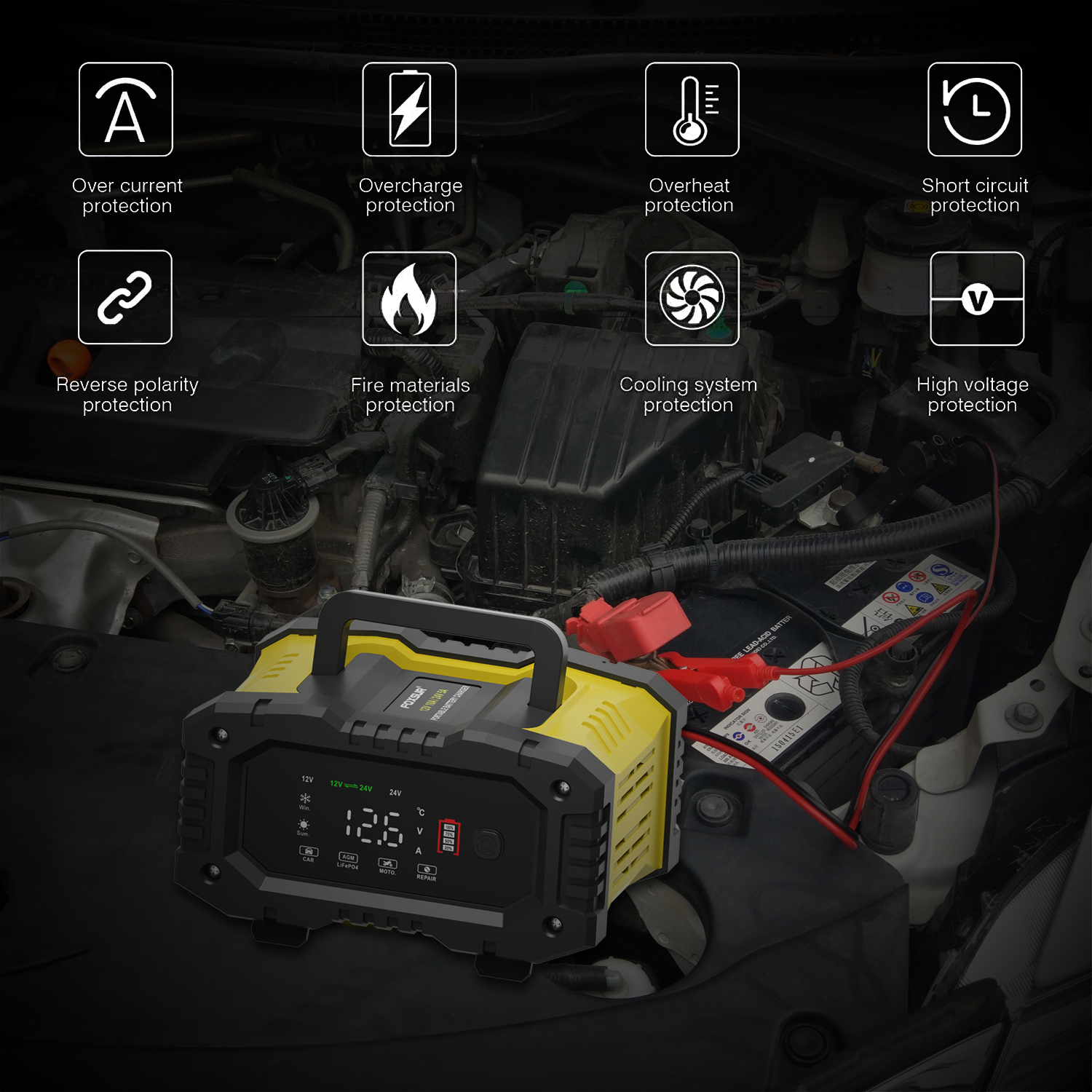 FOXSUR-cargador de batería de coche 10A para baterías de plomo-ácido Lifepo4 AGM de 12V 24V para motocicleta, camión, barco con reparación automática de pulso
