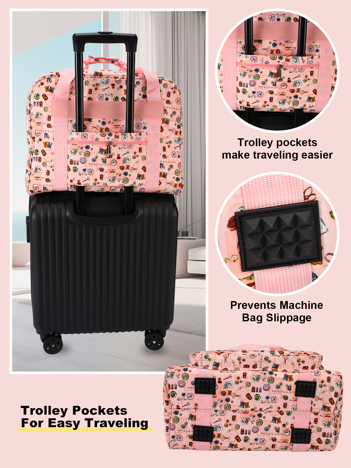 Bærbar symaskinveske med trekkstang, innstikkslommer for reise og et verktøysett for strikke- og sytilbehør