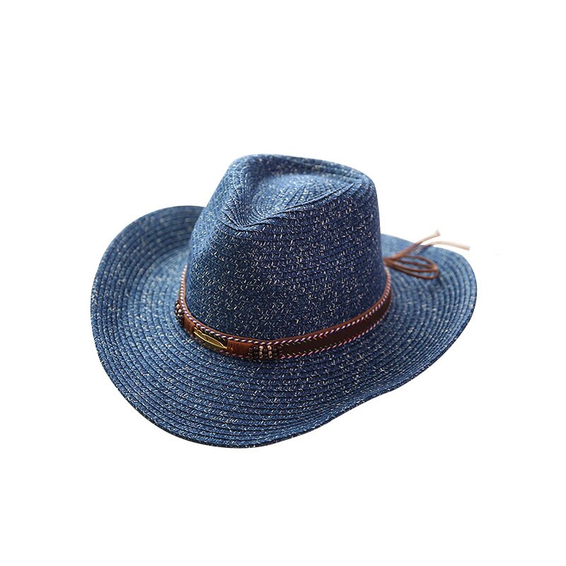 Ymsaid sommerstil cowboy stråhatt kvinner menn sommer utendørs reise strandhatter unisex fast vestlig solskjermhette: Mørke blå