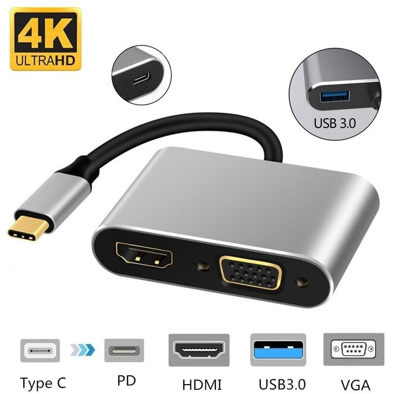 4 In 1 Usb 3.1 Type C Naar Hdmi Vga Adapter Kabel USB-C Hub Adapter Uhd 4K Ultra Hd video Audio Converter Voor Macbook Matebook D14