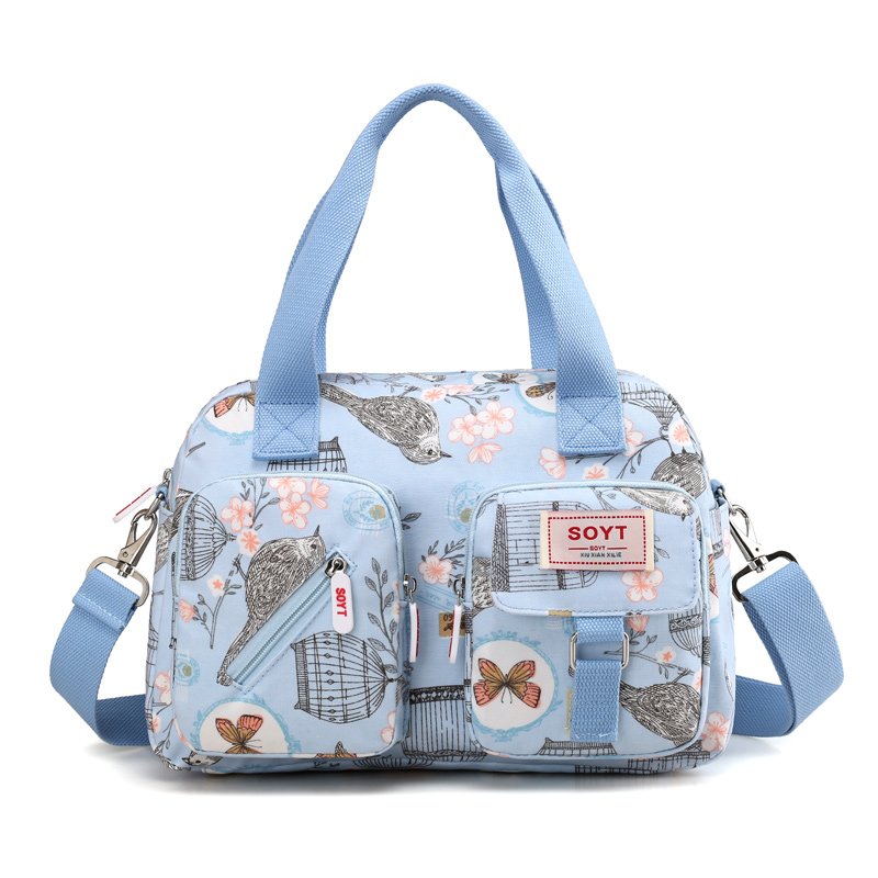 SOYT Brand popular Flowers and animals pattern Nylon women handbags shoulder bag for female printing messenger bags: Light bule plum blos