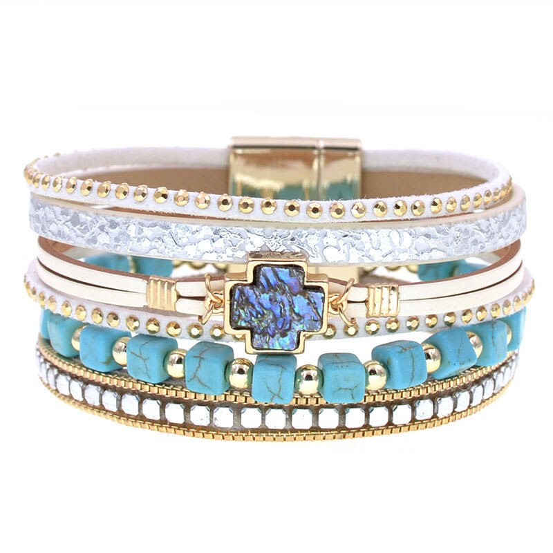 WELLMORE böhmen kreuz armbänder für frauen stein perlen wickeln armbänder leder Armbänder &Ampere; Armreifen Weiblichen Schmuck: 17cm / Weiß