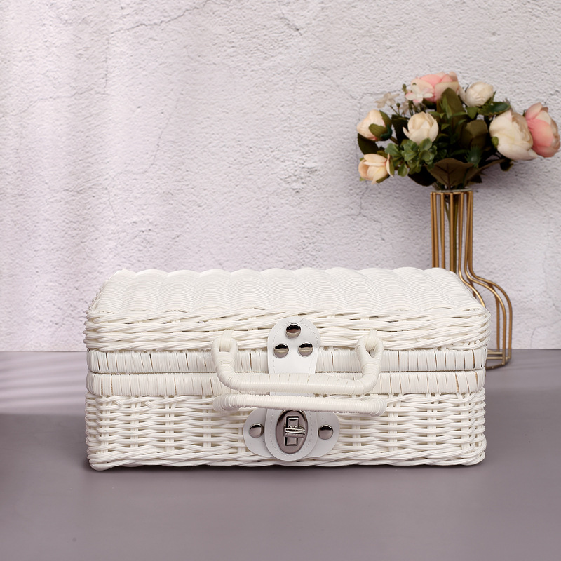 Retro Weave Rattan Storage Box Suitcase Woven Wicker Jewelry Cosmetic Storage Case Picnic Baskets Home Storage Decoration: L / green