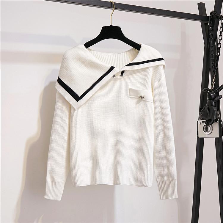 ICHOIX women 2 piece skirt set Korean style winter outfits white sweater + zipper mini skirt girl 2 piece set tops and skirt set: white sweater / L