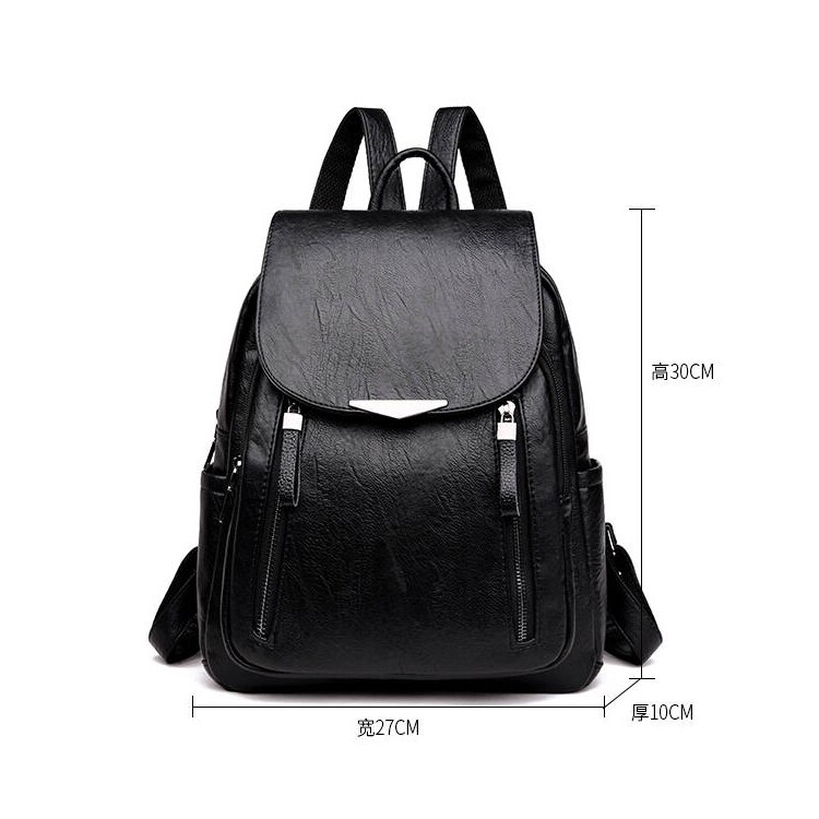 Casual PU Backpack Female Brand Leather Women's Backpack Large Capacity School Bag For Girls Double Zipper Shoulder Bags: Black