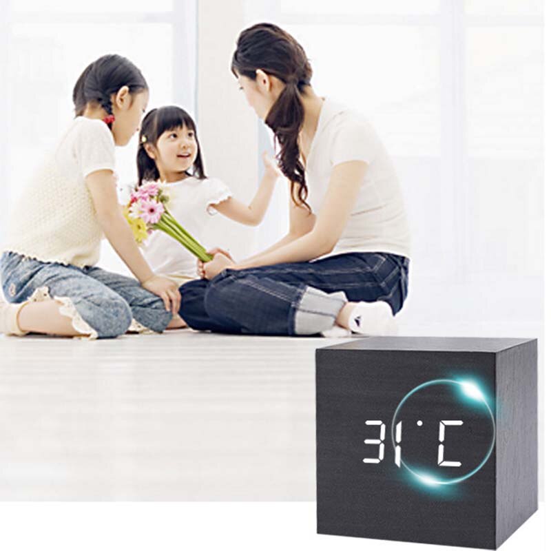 Alarm Clock LED Wooden Watch Table Voice Control Digital Wood Despertador USB/AAA Powered Electronic Desktop Clocks