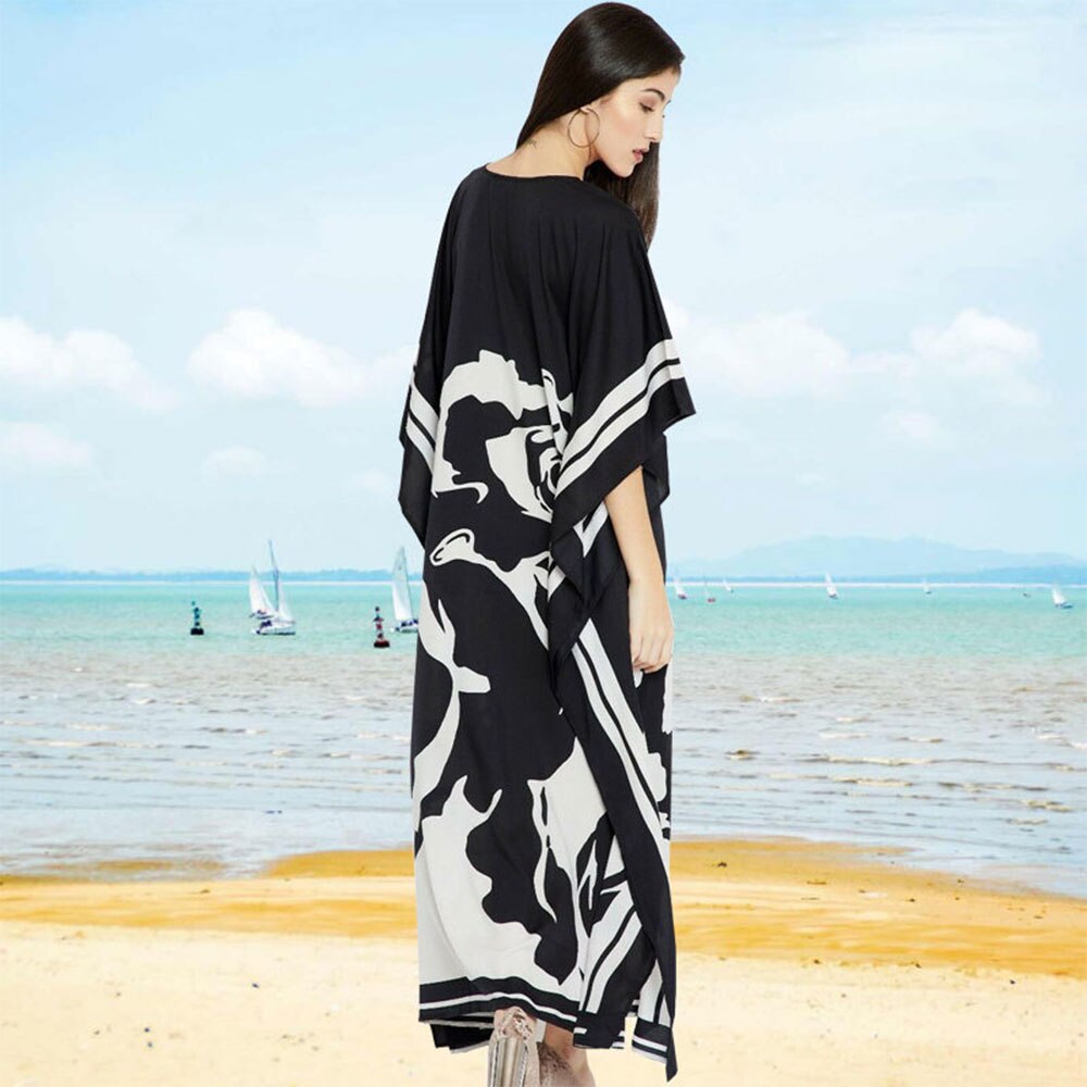Zwarte Bloemen Print Beach Cover Up Sneldrogende Bohemian Print V-hals Zomer Jurk Strand Tuniek Vrouwen Beachwear Kaftan