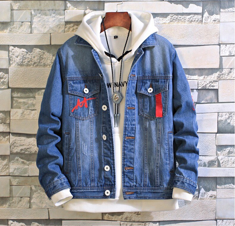 Billig vår höst man casual work wear snygg jeansjacka för män  mp1: Blå / Xxl
