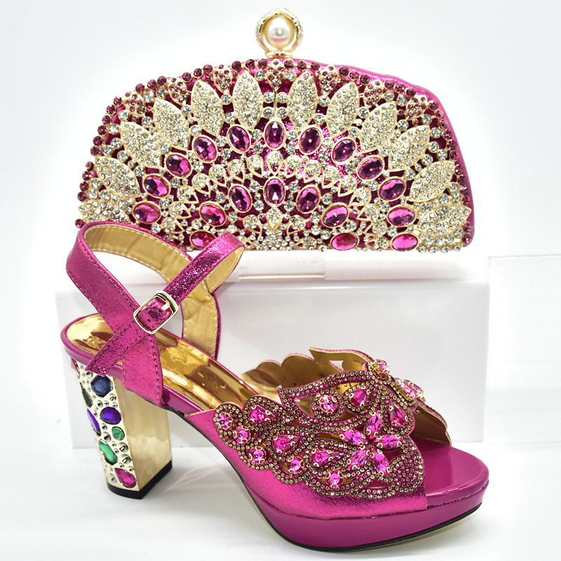 Ladies Italian Shoes and Bag Set Decorated with Rhinestone Women Shoes High Heel Italian Shoes and Bags Matching Set: Fuchsia / 8.5