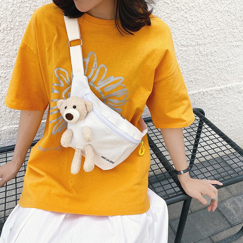 Mode Vrouwelijke Beer Canvas Tas Leuke Student Borst Tas Wilde Schouder Messenger Heuptas