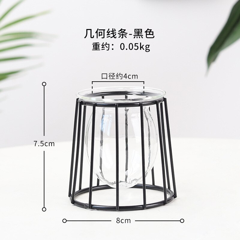 Terrario florero de vidrio dorado nórdico, florero de línea de hierro geométrico hidropónico para plantas, soporte de Metal para plantas, decoración moderna para el hogar: style-3 Black