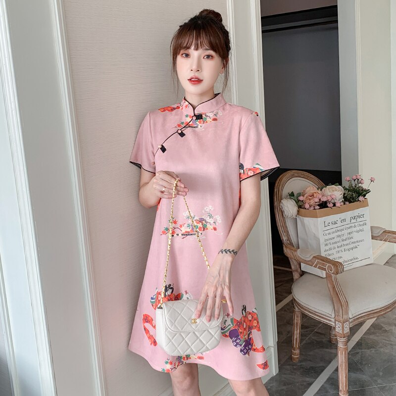 Plus Size M-4XL Peking Opera Print Pink Modern Cheongsam Dress for Women Short Sleeve Qipao Traditional Chinese Clothes