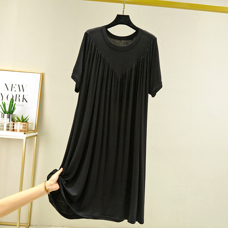 Summer Nightgowns Women Large Size Loose Long Casual Homewear Sleepwear Dresses Female Short Sleeve Modal Nightdress Women 130KG: XL / black