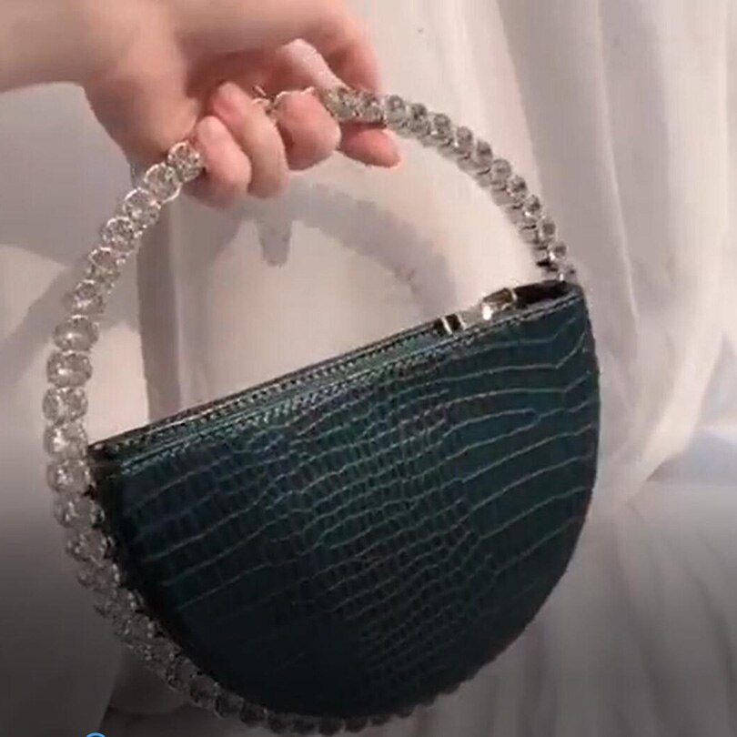 Rhinestone Circular Handle Evening Bag Women Diamonds Round Red Clutch Purse Ladies Chic Handbag Party: Green