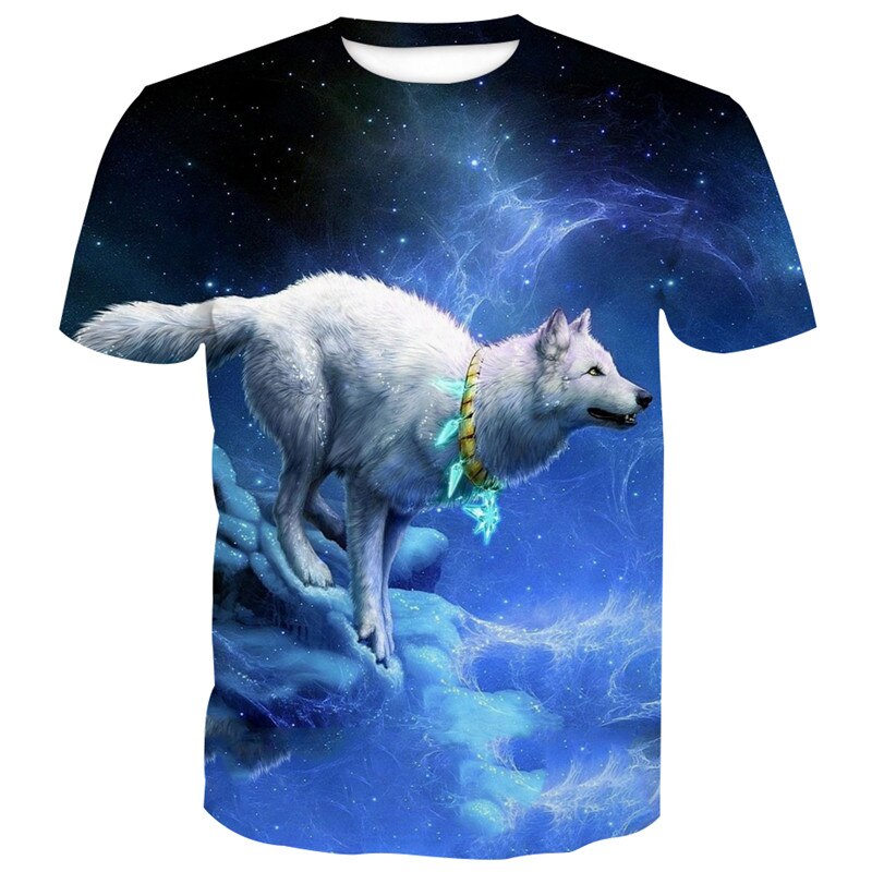 Green decoration white jumping wolf blue starry sky print 3D short sleeve T-shirt: S