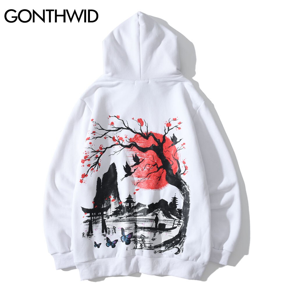 Gonthwid Hoodies Streetwear Hip Hop Chinese Stijl Landschap Vlinder Print Hoody Mannen Harajuku Casual Pullover Tops