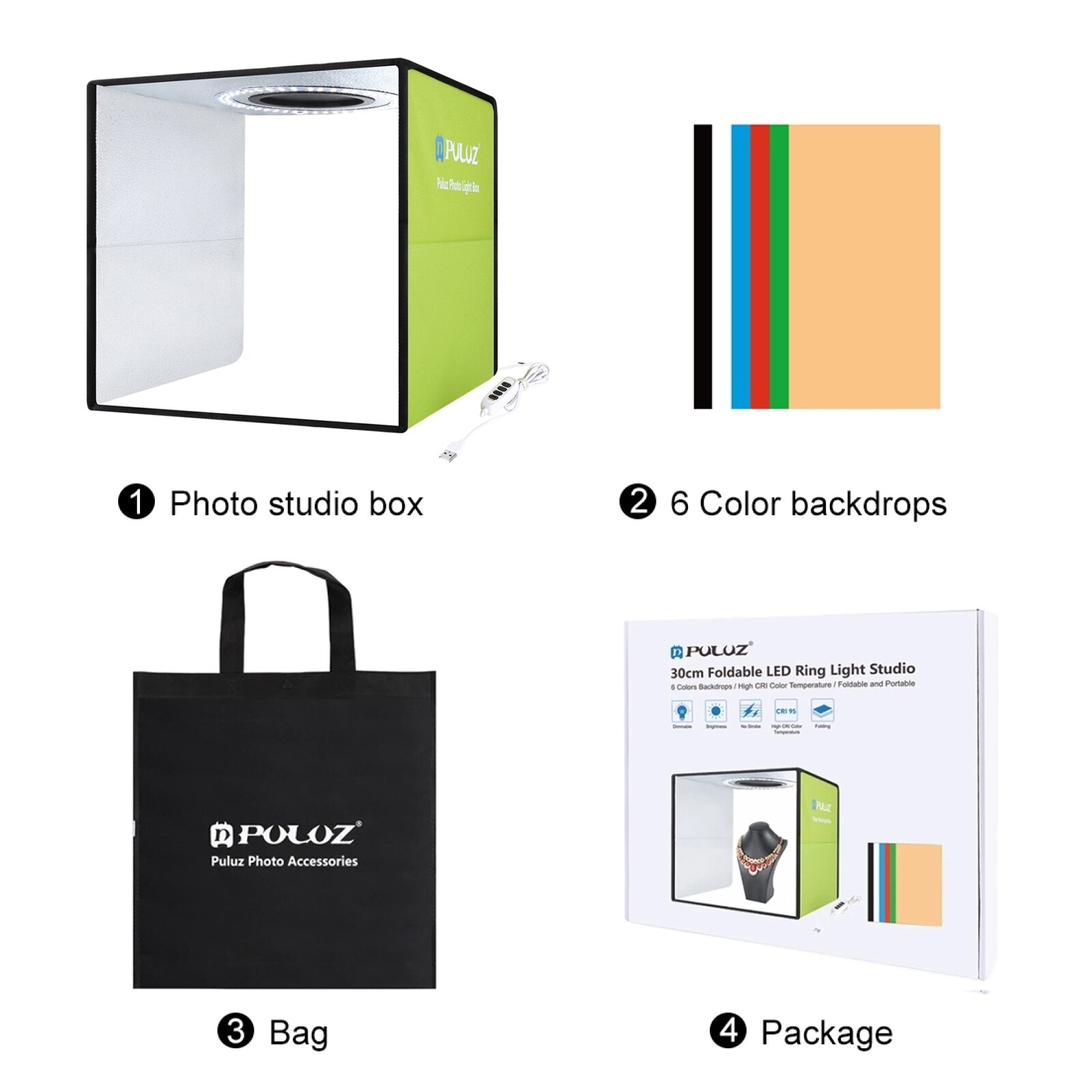 Puluz Fotostudio Doos Opvouwbare Fotografie Studio Lichttafel Led Light Box Foto Schieten Tent Box Kit 6 Kleur Backdrops Softbox,Fotografie Studio Lightbox, 6 kleuren achtergronden Softbox, Photo Box Kit