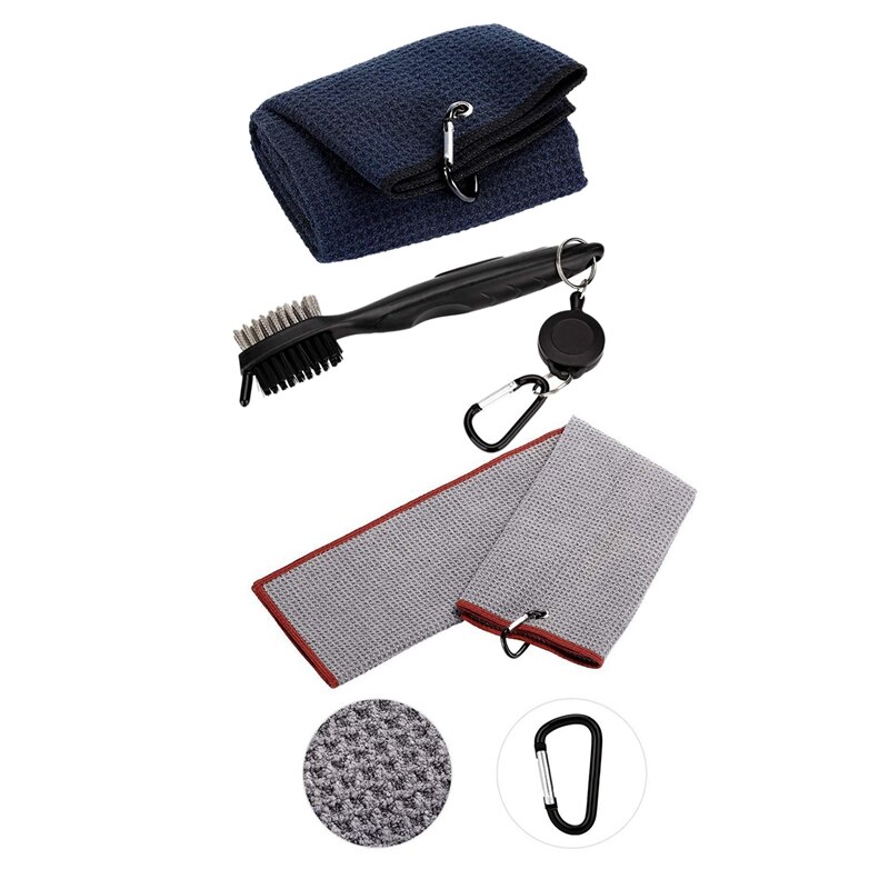 2 sæt rent bomulds golfhåndklæde børste værktøjssæt med klubspor renere indtrækkelig forlængerledning og klip, grå og sort