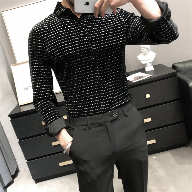 Polka Punkte Gedruckt Velours Herren Kleidung modisch Modische Grau Blau Samt Kleid Gentleman Herren Bluse Weichen Unsual Hemden