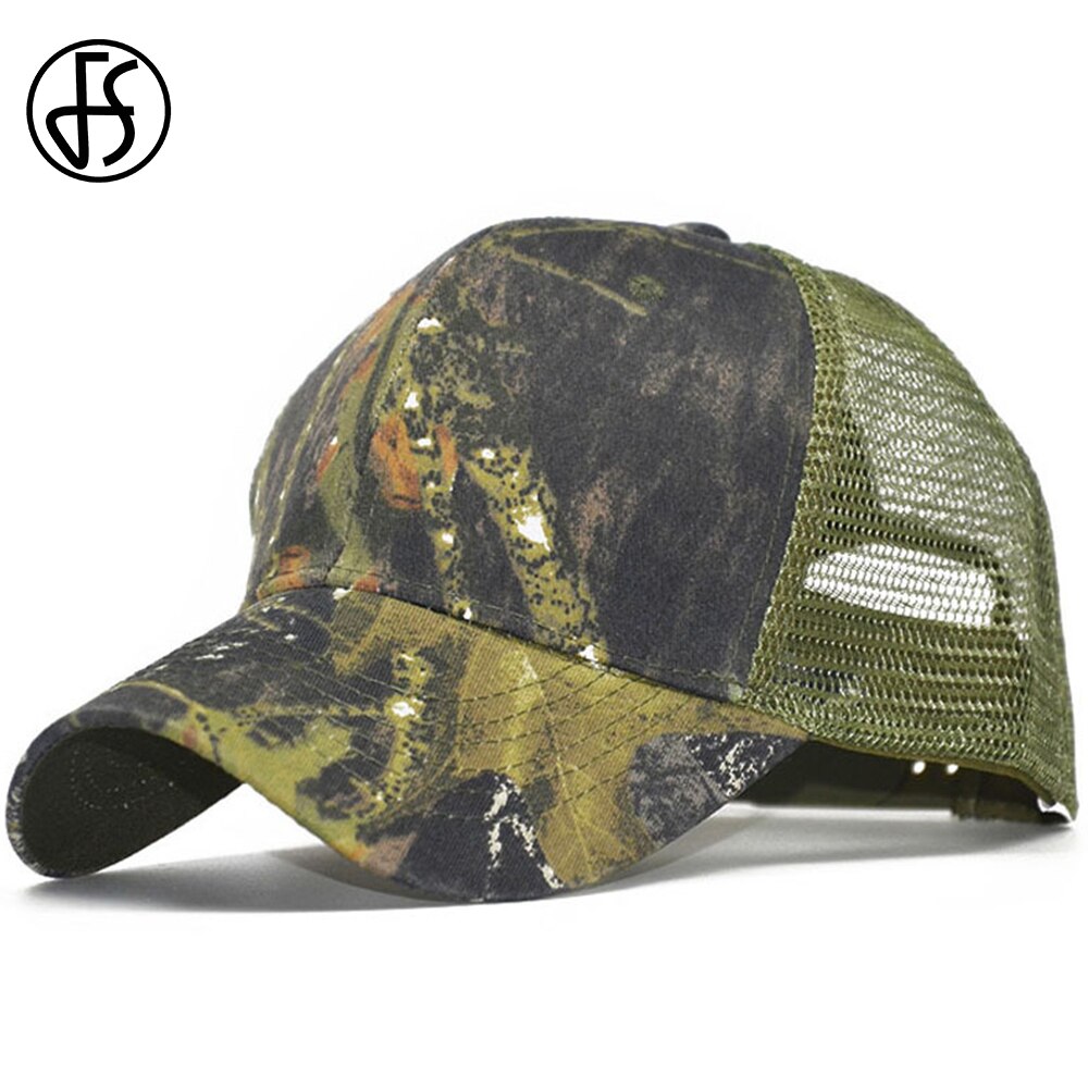 FS-gorras de camionero de camuflaje para hombre y mujer, gorros tácticos transpirables de malla, Gorra de béisbol de camuflaje verde,