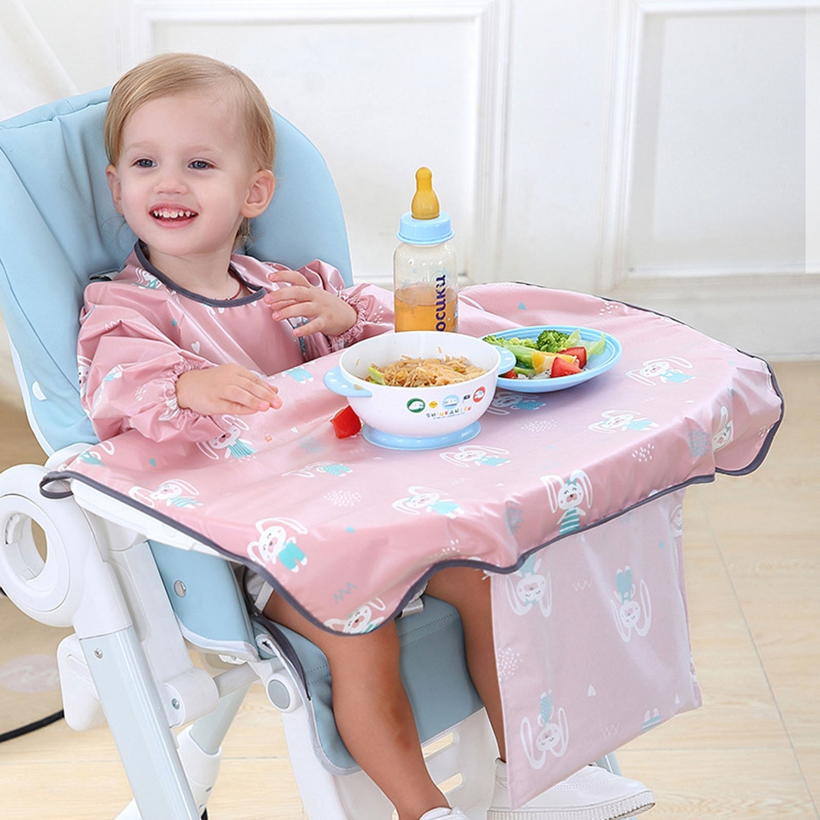 Baby Long Sleeve Bib Set Easy to Clean Dry Waterproof Lightweight Baby Bib Coverall With Table Cloth baby accessories Tablecloth