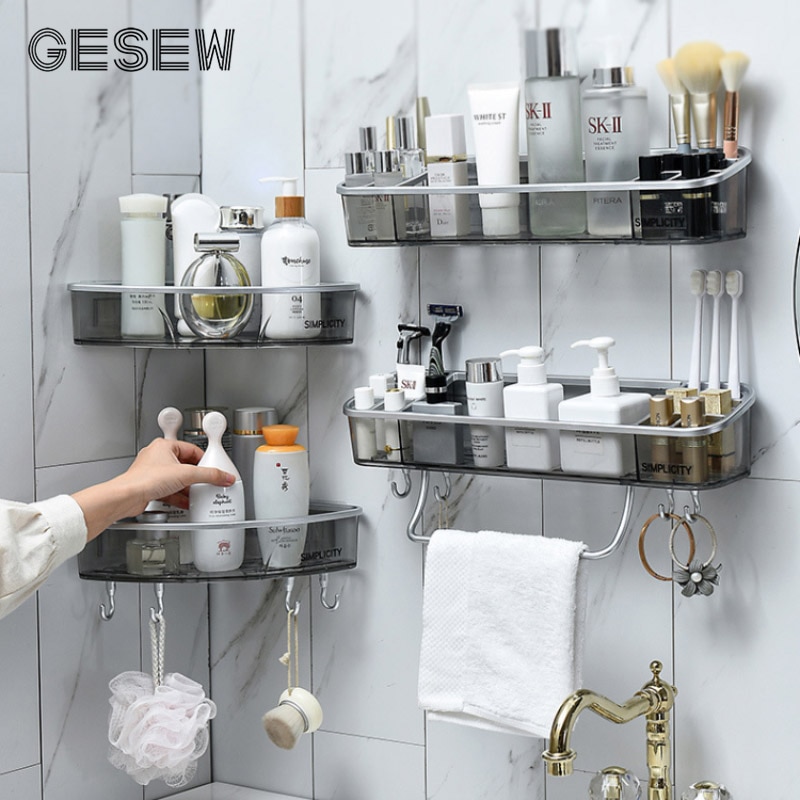 Gesew multifunktions opbevaringshylde til badeværelse hjemme wc shampoo håndklædestativ med kroge hjørnehylde arrangør badeværelse tilbehør