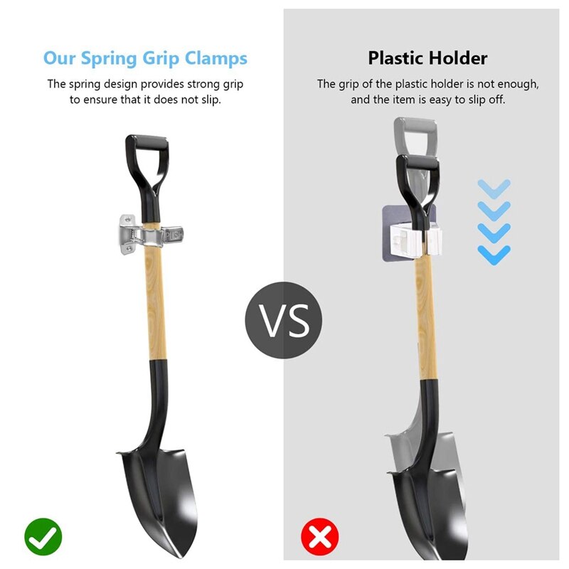 10 Pack Spring Grip Clamps Metal Wall Mounted Tool Clips Garage Closet Wall Organizer Holder For Rakes, Shovels, Brooms