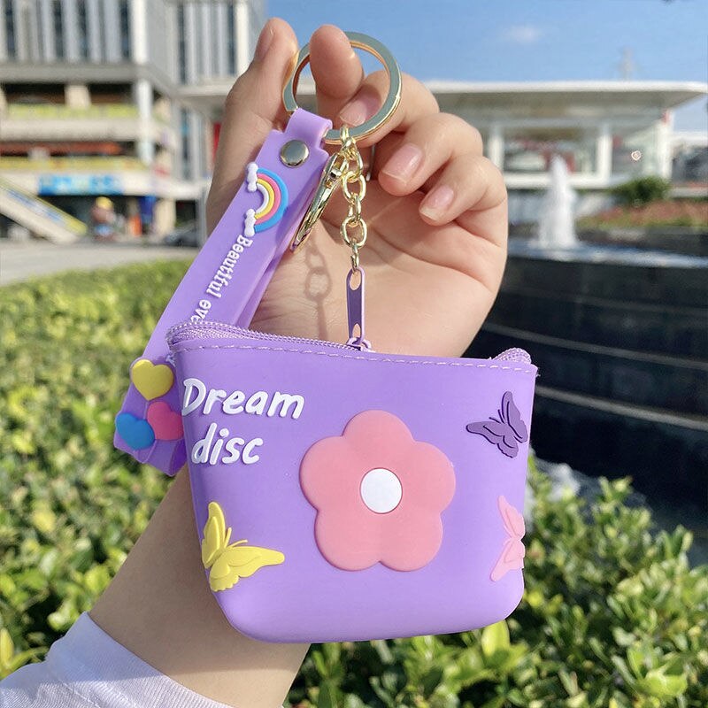 Heart-shaped Coin Purse Mini Silicone Animal Coin Purse Women Key Bag Coin Purse Kids Headset Bag Key Chain Ring: Purple bag