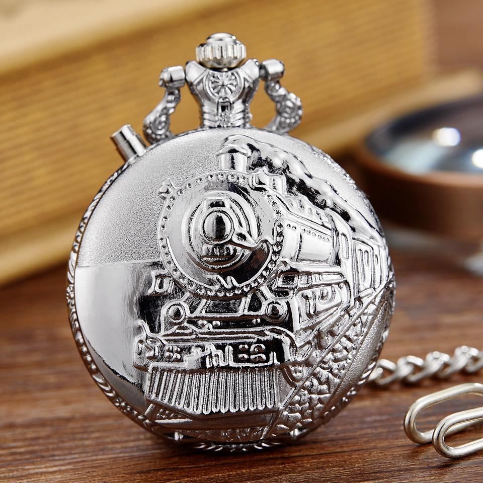 Vintage led urtavla kvarts fickur snidad ångtåg steampunk järnvägsgravyr retro kedja halsband hängande klocka