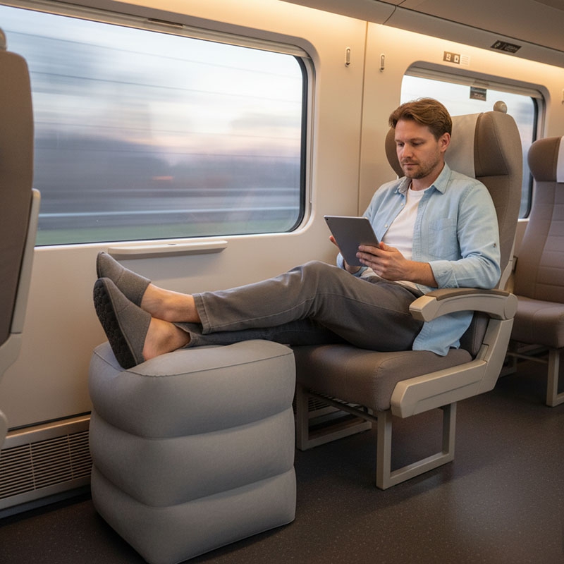 1pc Three-Layer Flocked Pvc Inflatable Footstool Adjustable Portable Ergonomic Footrest Pillow for Train Plane Air Cushion