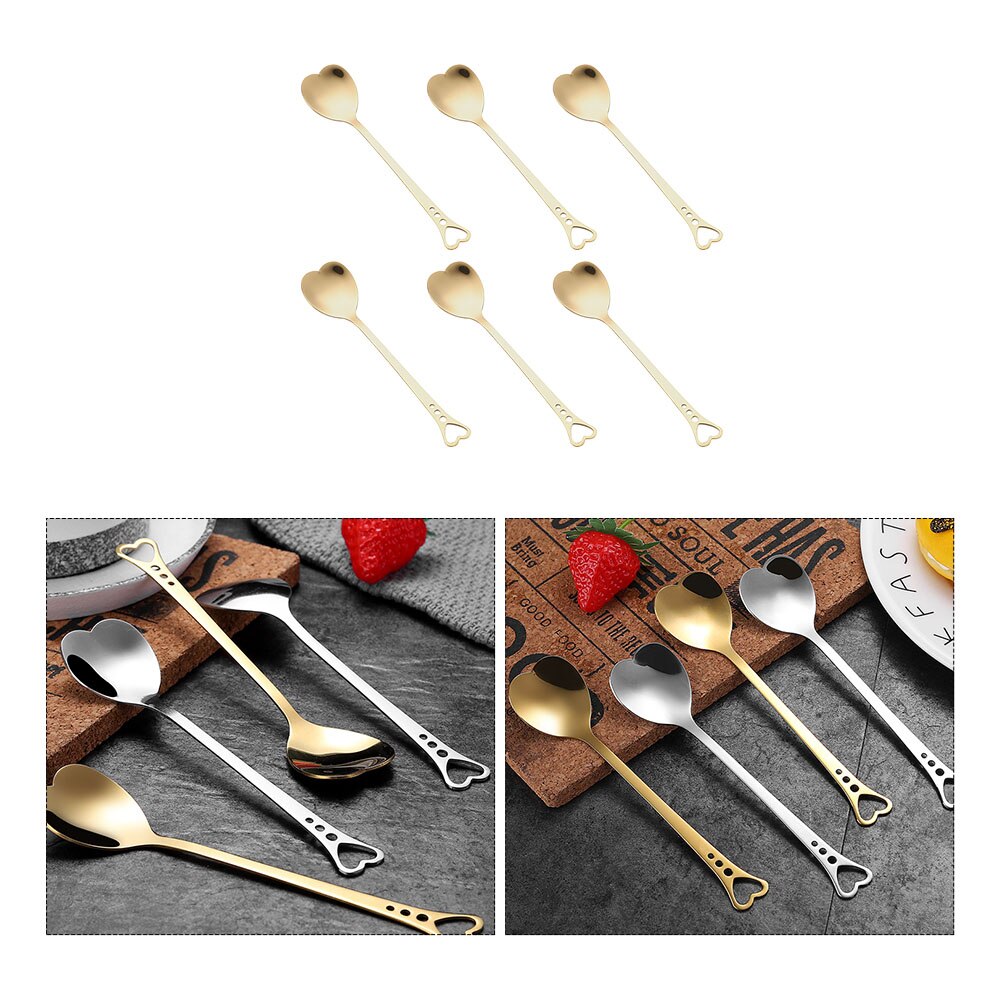 6pcs Heart Shaped Spoons Stainless Steel Spoons for Cake Tea Sugar Ice Cream Fruit: Golden