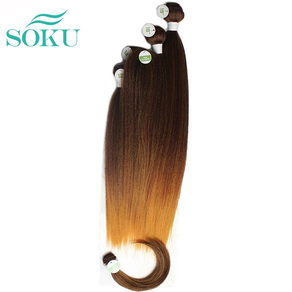 SOKU – mèches synthétiques Yaki lisses avec Closure, 12-18 pouces, extensions brunes ombrées