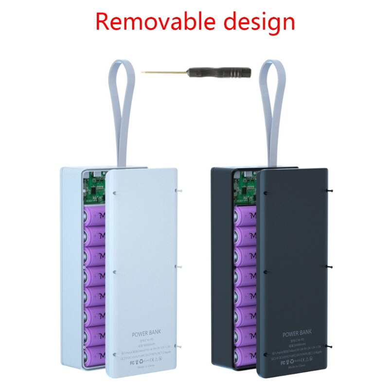 Pantalla LCD desmontable QC3.0 PD, carcasa de batería portátil, bricolaje, 16x18650, sin batería, caja de carga inalámbrica de 10W
