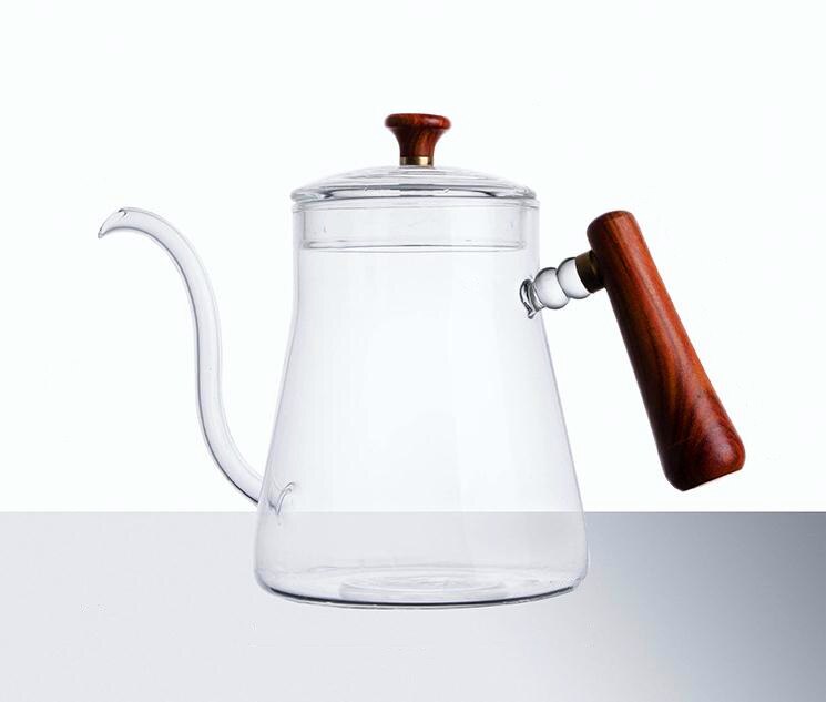 20oz/600ml Thick Glass Tea Coffee Kettle Teapot,Gooseneck Thin Spout for Pour Over Coffee Pot,Teabloom Stovetop &amp; Microwave Safe: Wooden Handle